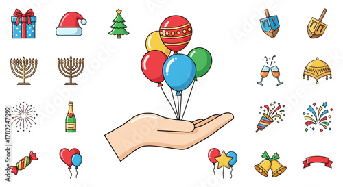 Vibrant cartoon illustration of a hand holding a bunch of colorful balloons, symbolizing generosity and celebration, set against a clean white background. This versatile vector graphic includes icons