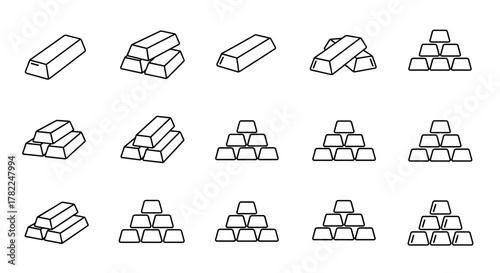 Collection of outline icons representing gold bars in various arrangements, including single bars, stacked bars, and pyramids, perfect for infographics, articles, books, flyers, and banners