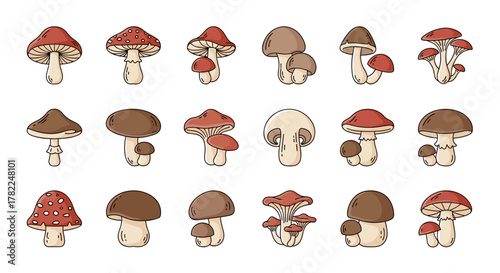 A delightful collection of cartoon-style mushroom icons, perfect for UI elements, placards, books, and apps. This vector illustration features editable strokes and is suitable for websites, cards