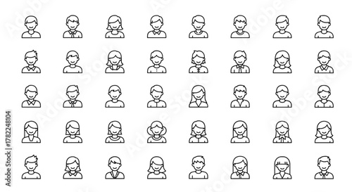 Collection of diverse male and female user avatar line icons, perfect for web design, books, cards, and apps, featuring editable strokes and a clean, modern aesthetic for versatile digital and print