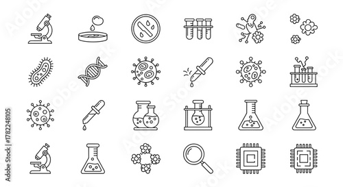 A comprehensive collection of science and technology icons, featuring microscopes, petri dishes, DNA strands, viruses, bacteria, test tubes, beakers, pipettes, and microchips, all rendered in a