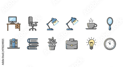 Collection of colorful flat icons representing office and home workspace essentials, including a computer desk, ergonomic chair, desk lamps, stacked books, potted plant, briefcase, steaming coffee