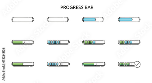 Set of twelve progress bar indicators in various stages of completion, featuring a minimalistic, cartoonish design with rounded corners and a clean, modern aesthetic. Available in blue and green