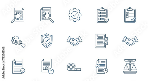 A collection of line-style web icons representing quality control and business processes, including magnifying glass on document, gear with checkmark, checklists on clipboards, shield with checkmark