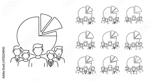 Minimalistic linear pictogram of a pie chart with segments representing data distribution over a group of men, symbolizing business analytics, team statistics, and demographic research. This vector