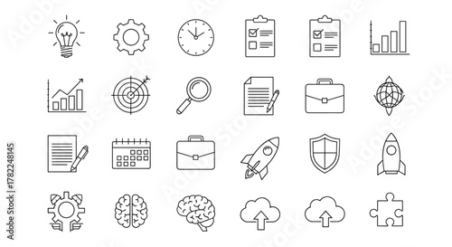 A meticulously curated collection of 20 essential line icons, presented in a clean, minimalist style on a crisp white background, symbolizing productivity, business acumen, and strategic planning for