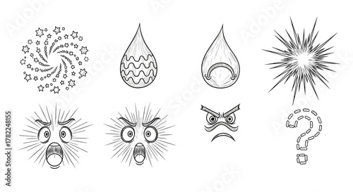 Set of hand-drawn anime emotion effects with a dynamic line movement and texture, featuring stars, water drops, explosions, and a question mark, presented as a clean line icon set on a white