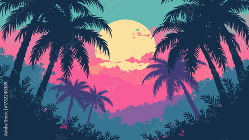 Retro jungle canopy — layered palm silhouettes with neon underglow and film grain, palette: deep green, magenta, gold, no people