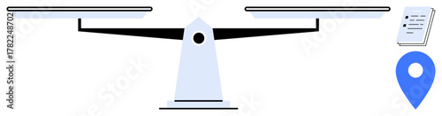 Balancing scale with two plates highlights weighing decisions beside checklist and location pin. Ideal for decision-making, analysis, evaluation, strategy, priorities, comparison, simple flat