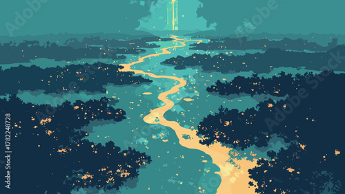 Cybernetic delta — delta channels braided with glowing conduits and mirrored mudflats, palette: teal, brass, black, no people