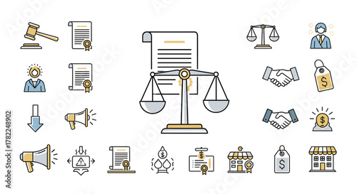 A vibrant collection of vector icons representing legal and business concepts, including a gavel, auction hammer, scales of justice, legal documents, handshake deals, price tags, store fronts, and a