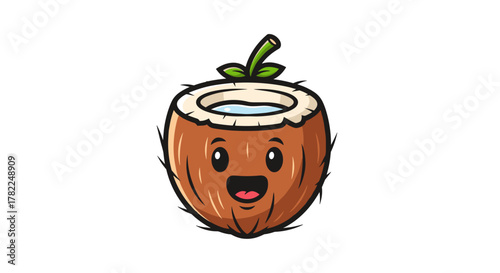 Cute cartoon coconut with a happy face and a green sprout, filled with water, isolated on a white background. This tropical fruit vector icon is perfect for summer-themed designs, logos, and healthy