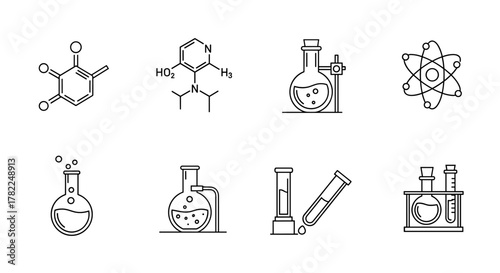 Modern Chemistry Line Icon Pack: A contemporary collection featuring linear illustrations of chemical compounds, laboratory flasks, atom models, and test tubes, perfect for web design, app