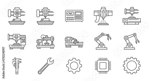 Set of outline vector icons representing CNC machines, industrial tools, and manufacturing equipment, including mill controllers, robotic arms, gears, processors, calipers, and wrenches, presented on