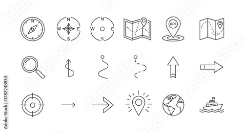 Collection of minimalistic linear outline web icons representing navigation, travel, and location services, including compasses, maps, GPS pins, magnifying glass, target, arrows, globe, and a ship