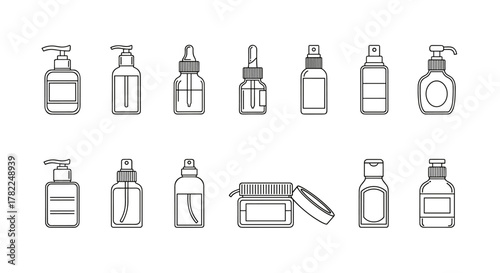 Collection of thin line icons representing various cosmetic bottles and containers, including pump dispensers, spray bottles, dropper bottles, and jars, perfect for web design, apps, and print