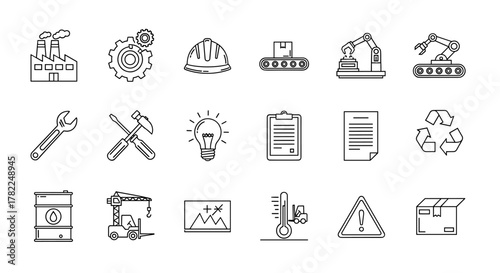 Collection of thin line icons representing factory and manufacturing processes, including a factory building, gears, hard hat, conveyor belt, robotic arm, wrench, hammer, screwdriver, light bulb