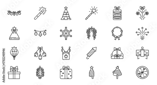 Collection of holiday-themed line icons including garlands, magic wands, fireworks, Christmas trees, party hats, gift boxes, and festive decorations, perfect for apps, websites, banners, and