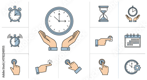 A collection of thin line icons representing time management, including alarm clocks, an hourglass, a wall clock held by hands, a stopwatch, a calendar, and various hand gestures interacting with