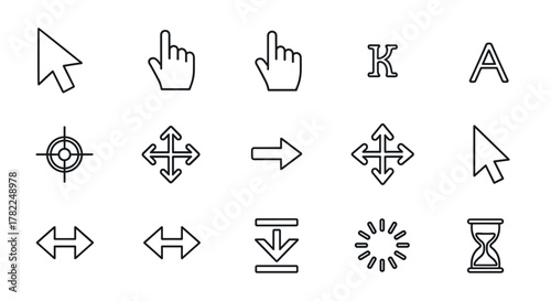 Collection of cursor-related vector icons and symbols, including arrow cursors, hand pointers, move cursors, target reticle, download icon, loading spinner, hourglass, and alphabet letters K and A