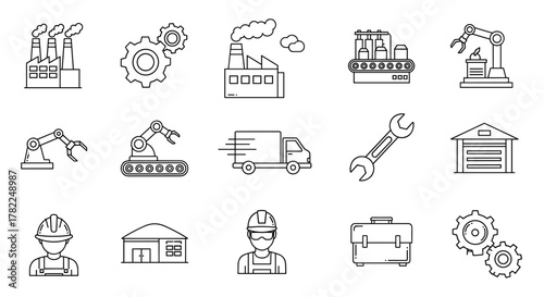 Industrial Revolution Icon Set: A comprehensive collection of factory and manufacturing outline vector graphics, perfect for infographics, articles, books, flyers, banners, and digital presentations