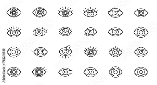 Collection of 24 unique line art eye icons, presented as a vector bundle. These outline signs are perfect for graphic and web design, apps, adverts, and various cards, offering a clean and modern