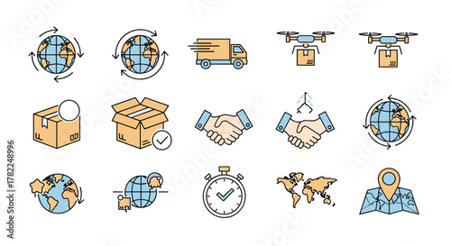 Global Delivery Icons: A Set of Minimalistic Linear Pictograms Illustrating Worldwide Shipping, Logistics, and E-commerce Concepts, Perfect for Web Design, Apps, Banners, and Social Media Graphics