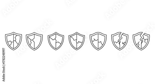 Set of seven linear vector shield icons with cracks, symbolizing broken security, vulnerability, or failure. These simple, clean line art illustrations on a white background are perfect for