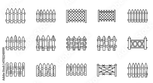 Collection of outline symbols of fences, drawn with thin lines, suitable for apps, websites, banners, infographics, and other design types. Vector cartoon illustration of various fence styles