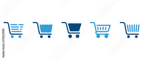 Shopping cart icon set for ecommerce solutions, online retail, and digital marketing campaigns, showcasing various cart designs for website and app development, symbolizing ease of purchase