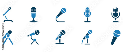 Dynamic collection of modern microphone icons for broadcasting, podcasting, and live performance projects, offering versatile audio recording solutions.