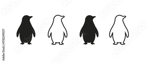“Penguin Silhouette Icon Set – Minimal Black and White Bird Outline Vector Collection”