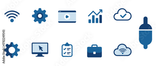 Modern business icons representing technology connectivity data management and workflow efficiency for professional projects and digital solutions