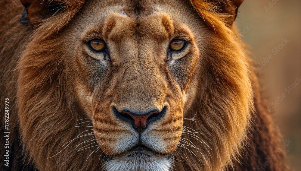 Fototapeta premium Close-up image of a male lion's face, showcasing the majesty of wildlife, preservation
