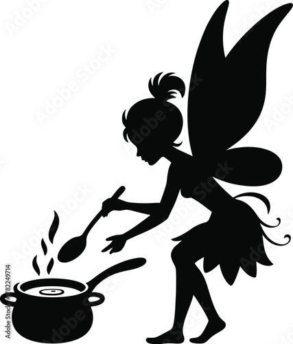 A whimsical silhouette of a fairy stirring a magical potion