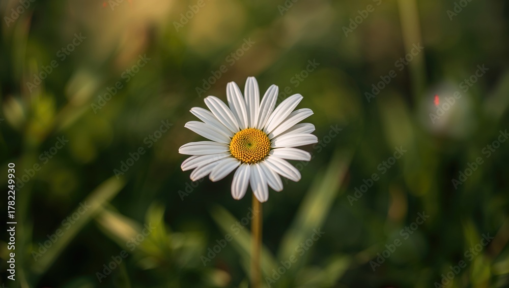 Fototapeta premium Leucanthemum vulgare, white daisy blooming amidst greenery, seasonal change