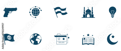 Collection of diverse icons representing global concepts, business, and cultural symbols, perfect for modern design projects and conceptual presentations.