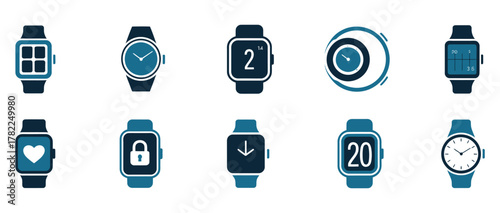 Diverse collection of modern smartwatch and classic watch icons, showcasing digital interfaces, health tracking, and timekeeping for technology and lifestyle concepts
