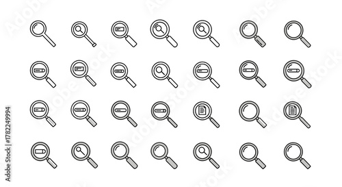 Magnifying glass icon set vector illustration, a collection of search icons with ordered line icons on a white background, representing various search functionalities and data analysis tools, perfect