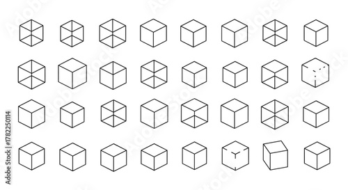 Collection of various cube outlines in different perspectives and styles, including wireframe, solid, and dashed lines, perfect for infographics, articles, books, flyers, and banners, presented as a