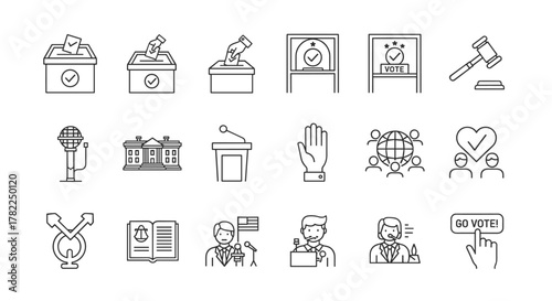 Democracy and Elections Line Icon Set: A comprehensive collection of editable stroke vector icons representing civic engagement, voting, political processes, and democratic ideals, perfect for the