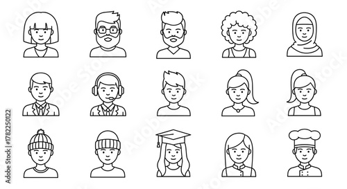 Diverse collection of line art avatars, including men and women with various hairstyles, beards, and headwear, such as beanies and hijabs, suitable for graphic and web design, apps, adverts, and