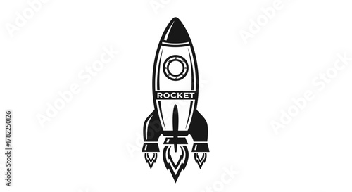Retro style black and white vector illustration of a rocket ship blasting off with flames and smoke, featuring a circular window and the word "ROCKET" emblazoned on its side, perfect for space