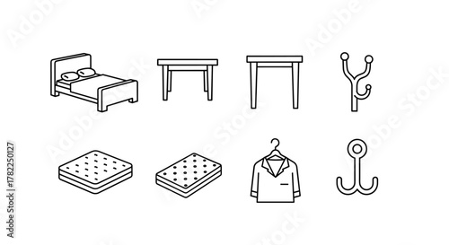 A minimalist, line-art illustration featuring a collection of essential furniture and home items, including a cozy bed with pillows, two distinct tables, a comfortable mattress, a stylish coat hook