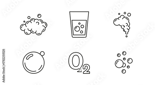 Collection of line icons representing bubbles, soap foam, a fizzy drink, and an oxygen bubble, symbolizing effervescence and scientific elements. This editable stroke vector set is isolated on a