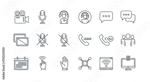 Set of thin line icons for video conferencing, online meetings, and virtual communication, including a video camera, microphones (muted and unmuted), chat bubbles, call and leave icons, a group of