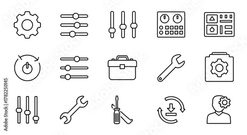 A comprehensive set of outline vector icons representing general settings, including gears, sliders, control panels, a toolbox, wrench, screwdriver, system update symbols, and user preferences, ideal