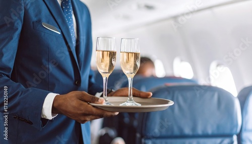 Flight Attendant Serving Refreshing Beverages to Passengers in Economy Class on Airplane Interior
