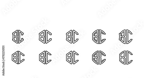 Set of ten unique BC monogram logos in a hexagonal and circular design, featuring serif letterforms and clean line art. This vector illustration collection is perfect for branding, graphic design
