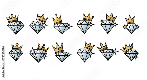 Set of twelve luxury diamond icons with golden crowns, sparkling and shining, presented in a clean, ordered line on a white background, perfect for branding, logos, and digital design elements